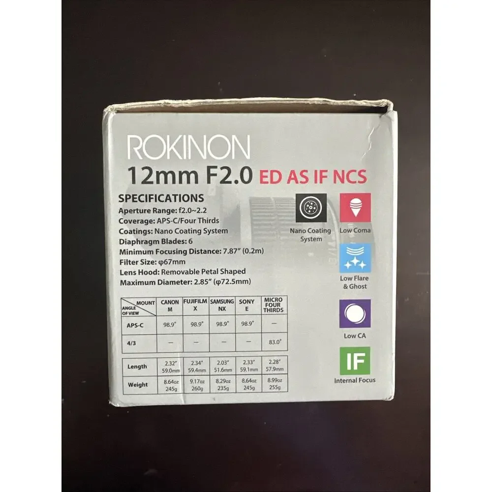Rokinon 12mm F2.0 High Speed Wide Angle Lens for Fujfilm X - New!